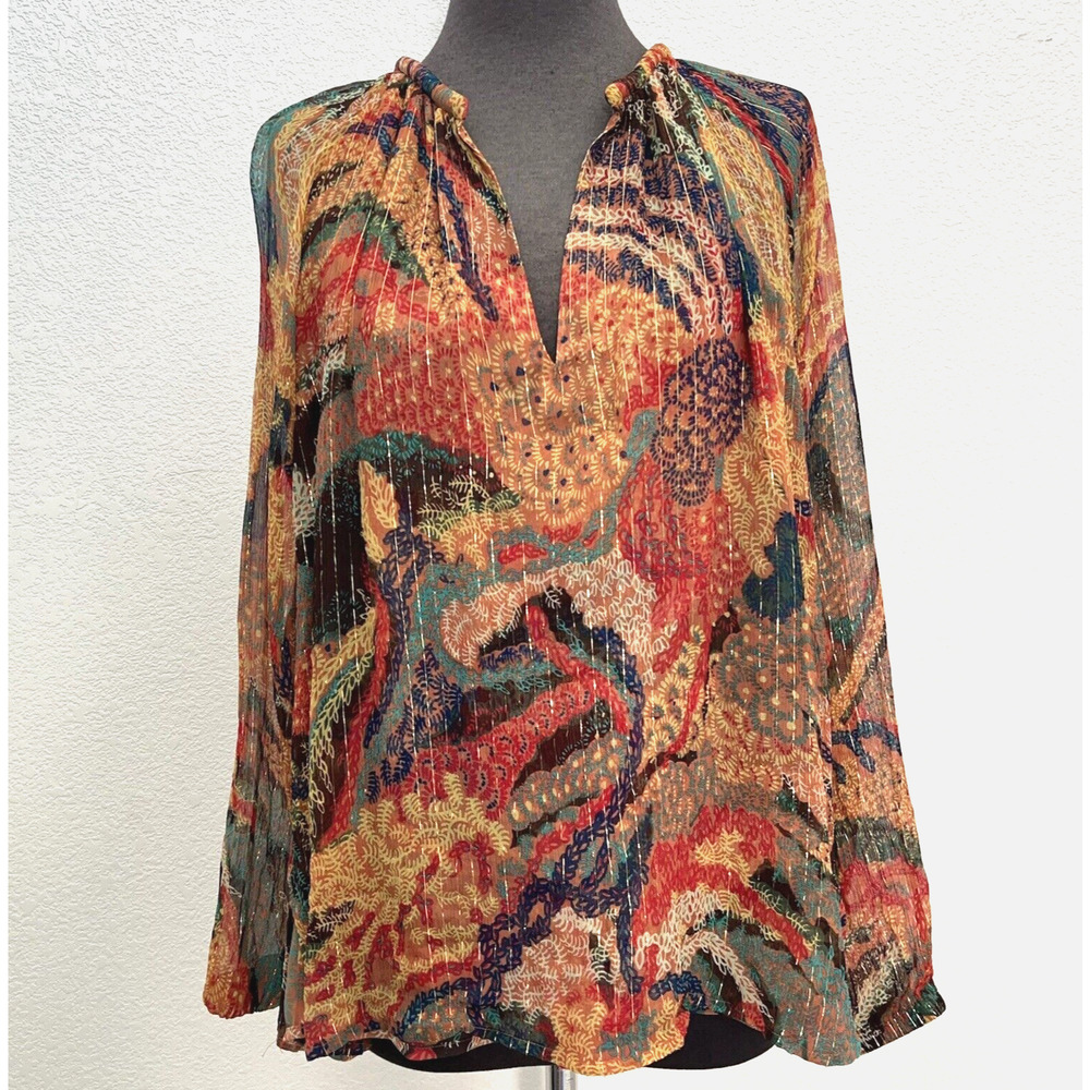 A.L.C Silk Blouse Women 6 Orange Long Sleeve Lightweight Gold Striped V-Neck
